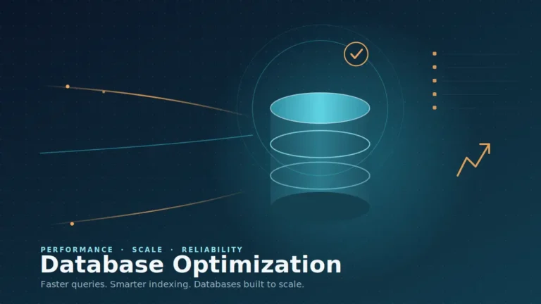Database optimization illustration showing indexing, query speed, and performance tuning